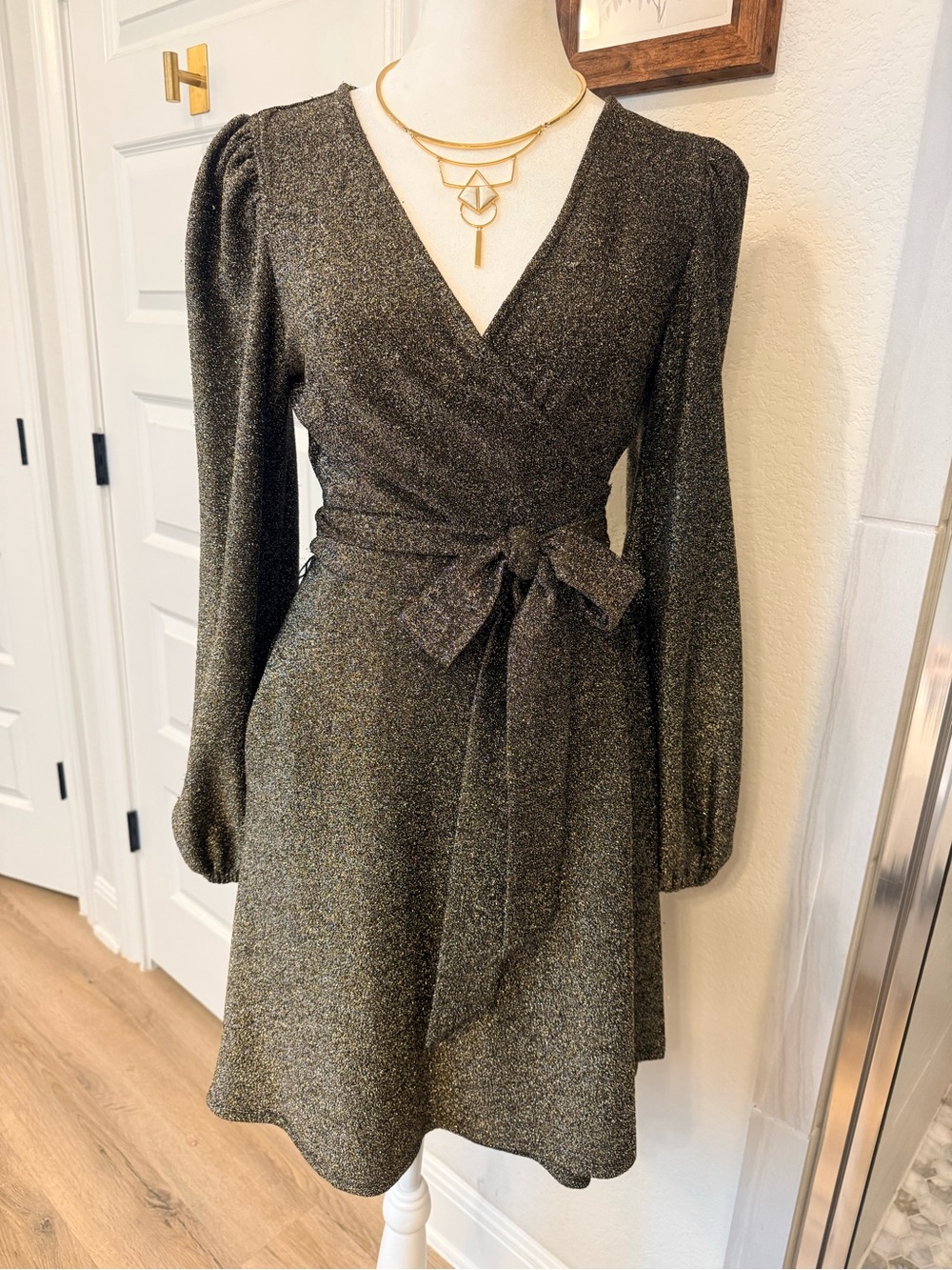Donna Morgan Metallic black Wrap Long-Sleeve Dress